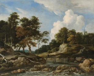 Paesaggio fluviale boscoso con un ponte